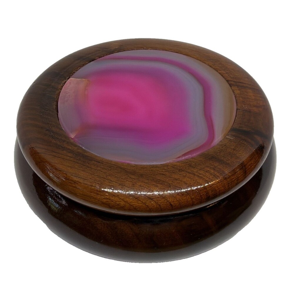 Vintage MCM Brazilian Wood Trinket Box Lidded Pink Agate Slice Jewelry Dish